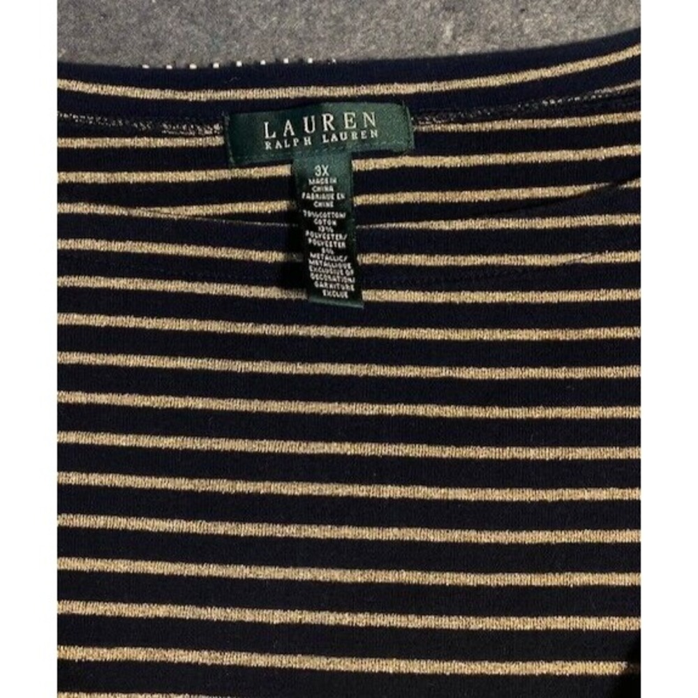 LAUREN RALPH LAUREN Womens TOP 3X Black Gold SHORT SLEEVE CUFFED Preppy BOATNECK